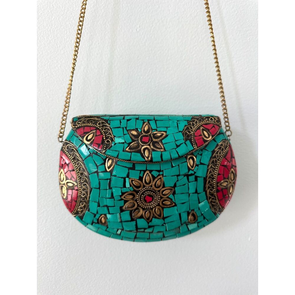 Vintage Turquoise Mosaic Tile Purse Coral Stone Inlay Crossbody Gold Chain Bag